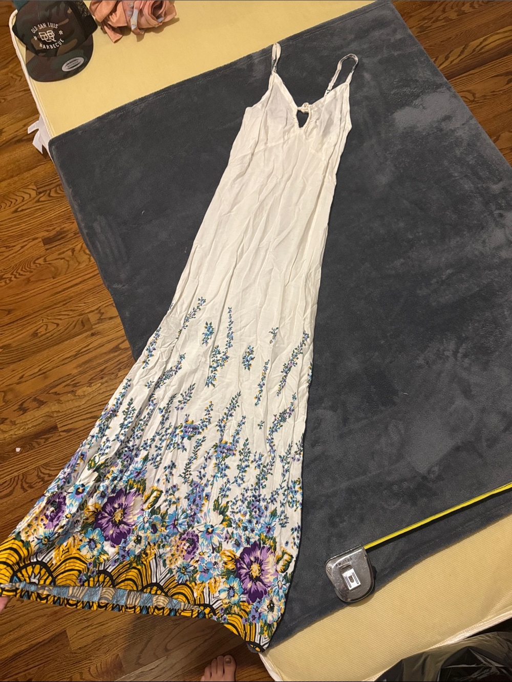 White Floral Maxi Dress with Purple & Yellow Border